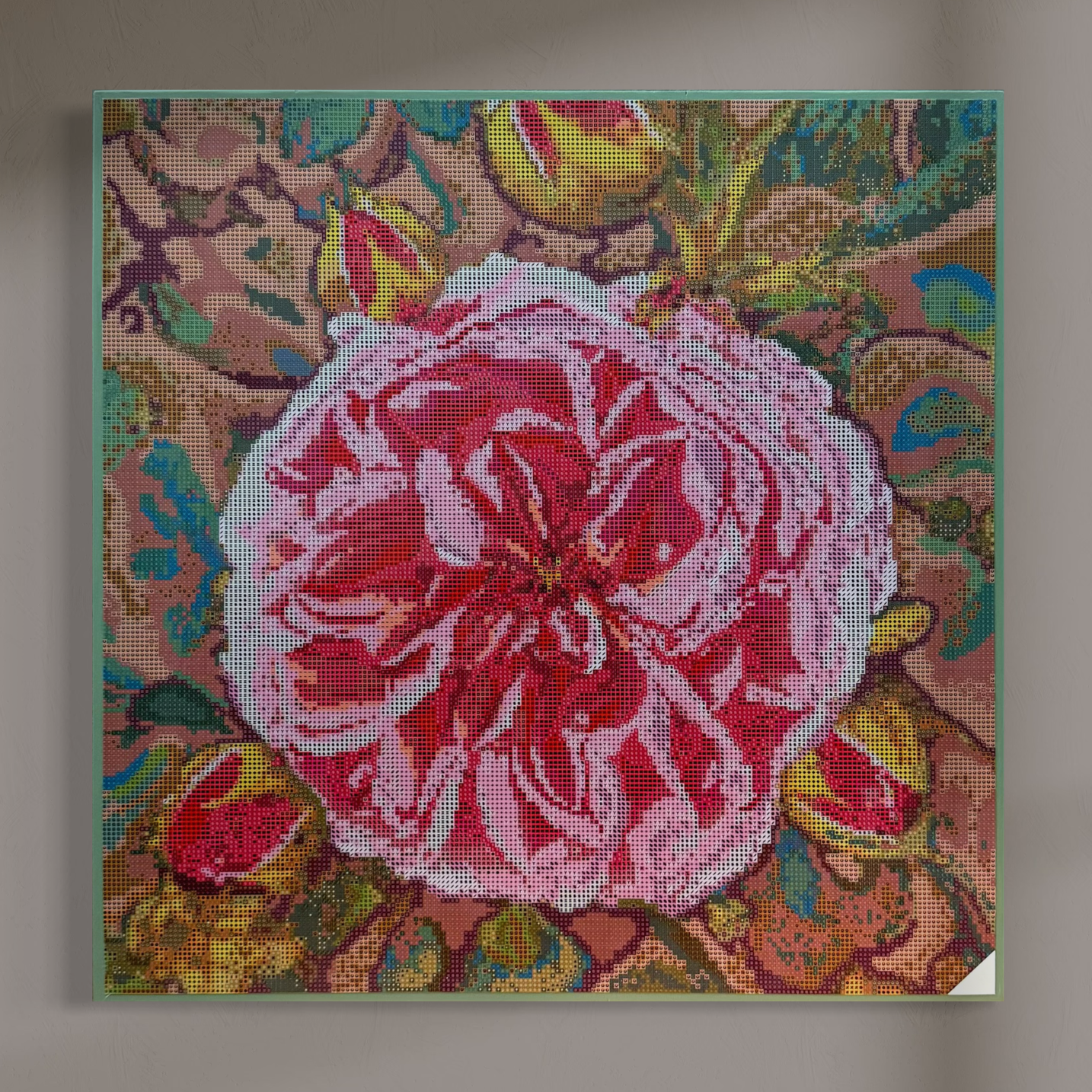 Wandansicht der Micromosaic-Vorlage 'rose-desert-sandl' auf Buchenholzkörper im Format 50x50x3 cm mit einem eleganten, in Kreidefarbe gestalteten Rand. Das Motiv zeigt eine detaillierte Rosen-Blüte in verschiedenen Rosa- und Rotttönen vor einem abstrakten Hintergrund. Inspiriert von Garten-Fotos. Das Kunstwerk enthält insgesamt 55 verschiedene Farbnuancen. Perfekt als stilvolle Wanddekoration oder als exklusives Geschenk für Kreative und Kunstliebhaber.