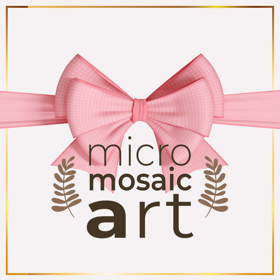 Rosa Schleife, goldfarbener Rand und Micromosaicart-Logo.