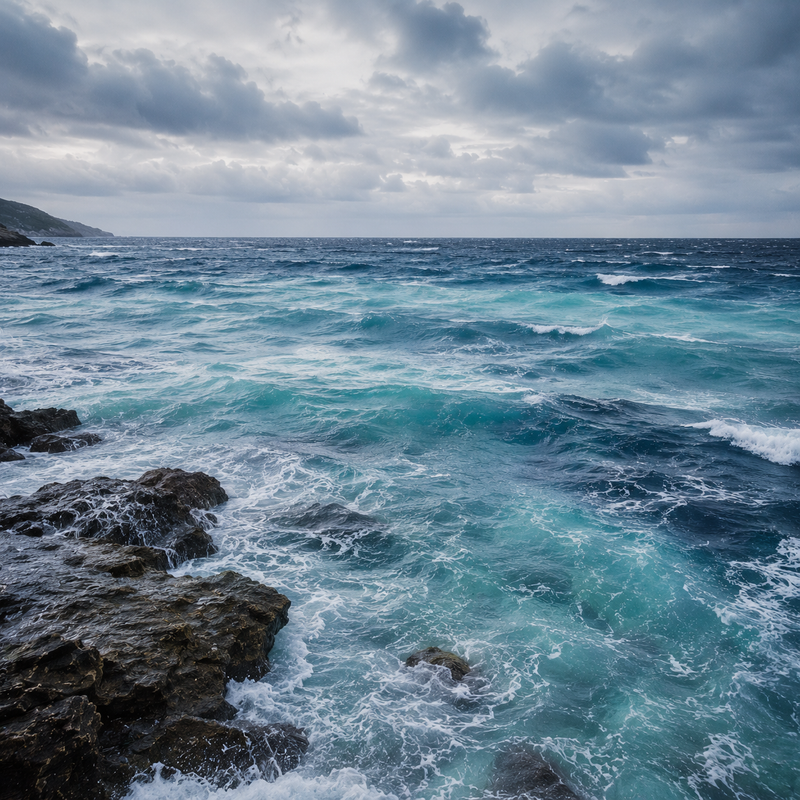 Meer mit Wellen und Felsen, Stimmungsbild zur Farbwelt Meeresrauschen – KI-generiert