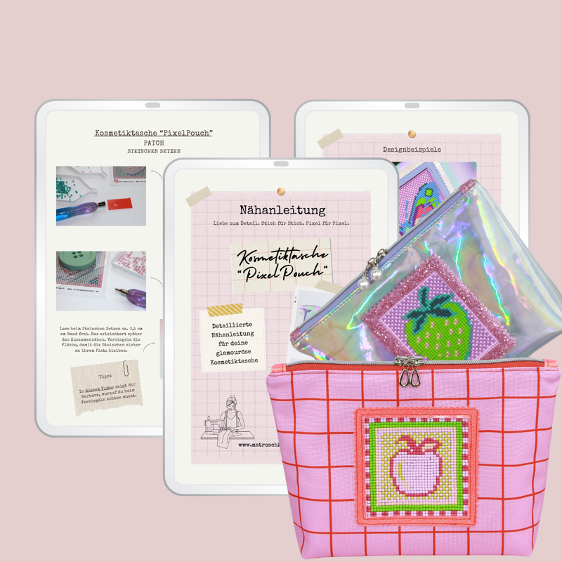E-Book PixelPouch: Seiten der Anleitung und eine genähte Kosmetiktasche mit Steinchen-Motiv