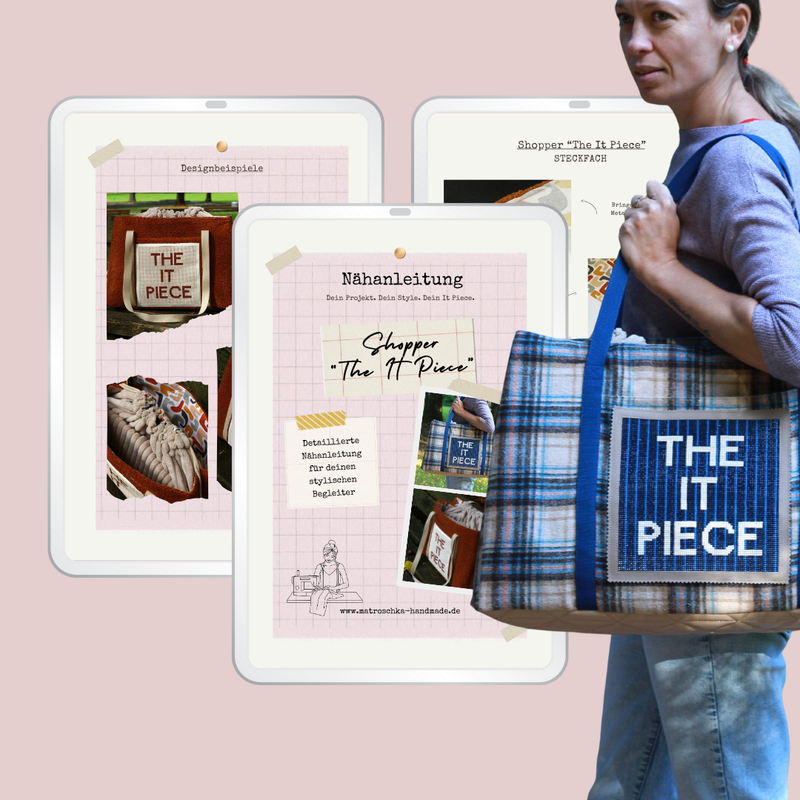 E-Book Shopper „The It Piece“: Seiten der Anleitung und eine Frau mit genähter Tasche