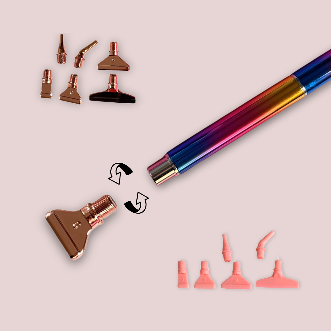 Detailaufnahme des FlexPen-Setzstifts mit wechselbaren Schraubaufsätzen für präzises Diamond Painting