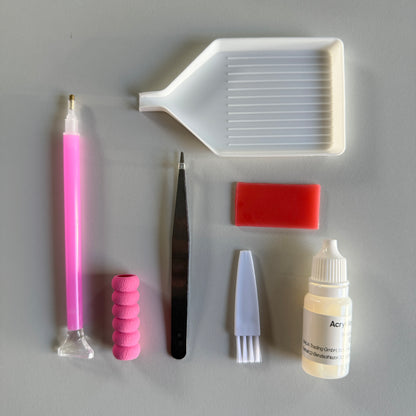 Basic Tool-Kit: Setzstift, Schiffchen, Pinzette, Wachs, Bürstchen und Flasche Versiegelung