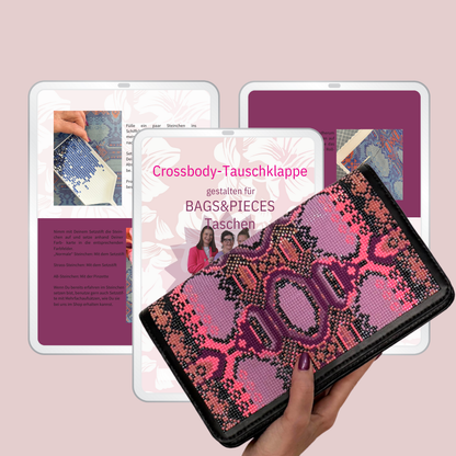 Crossbody-Tauschklappe mit Glamour Snake Micromosaic-Panel, gestaltet für Bags & Pieces Taschen, inklusive Schritt-für-Schritt-Anleitung.
