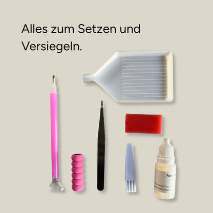 Basic Tool-Kit: Setzstift mit Schaumstoffgriff, Pinzette, Schiffchen, Wachsplättchen, Bürstchen und Versiegelung